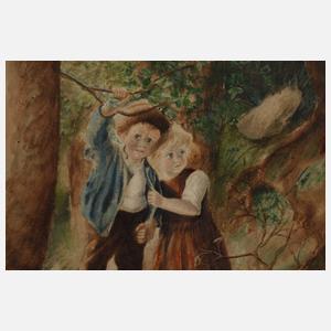 Ängstliches Kinderpärchen im Wald