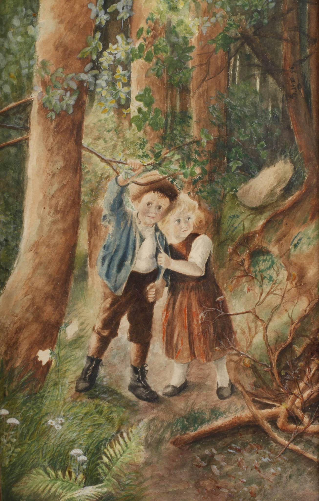 Ängstliches Kinderpärchen im Wald