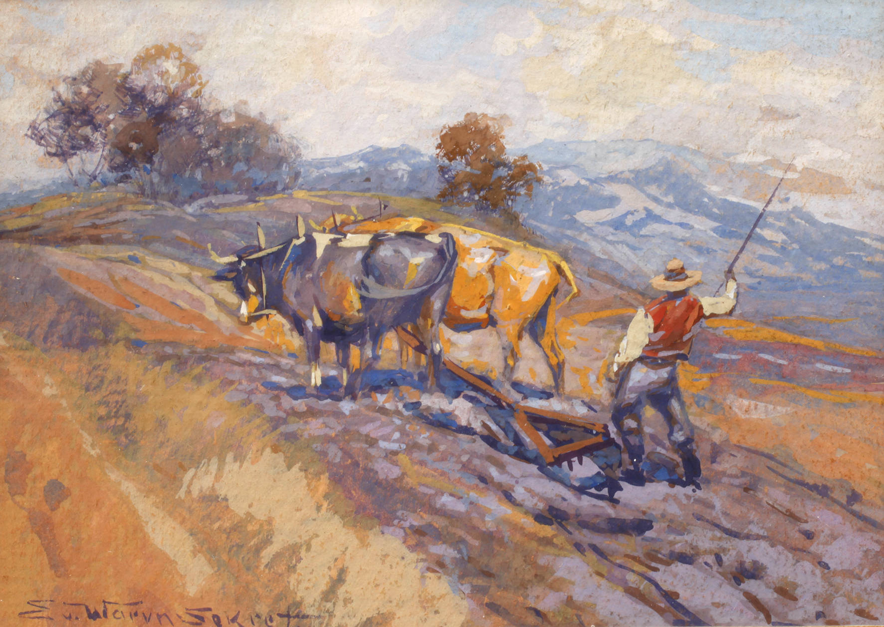 Eugen von Warun-Sekret, Bauer mit Kühen bei der Feldarbeit