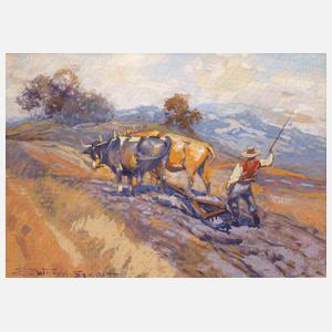 Eugen von Warun-Sekret, Bauer mit Kühen bei der Feldarbeit