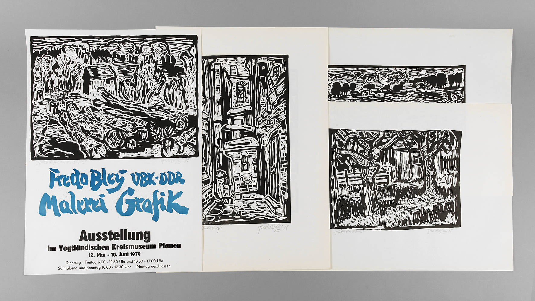 Fredo Bley, Ausstellungsplakat und sieben Holzschnitte
