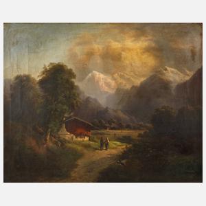 Gustav Barbarini, attr., Alpenlandschaft mit Figurenstaffage