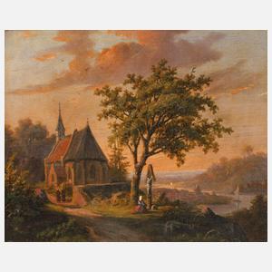 Kirche am Fluß im Abendlicht