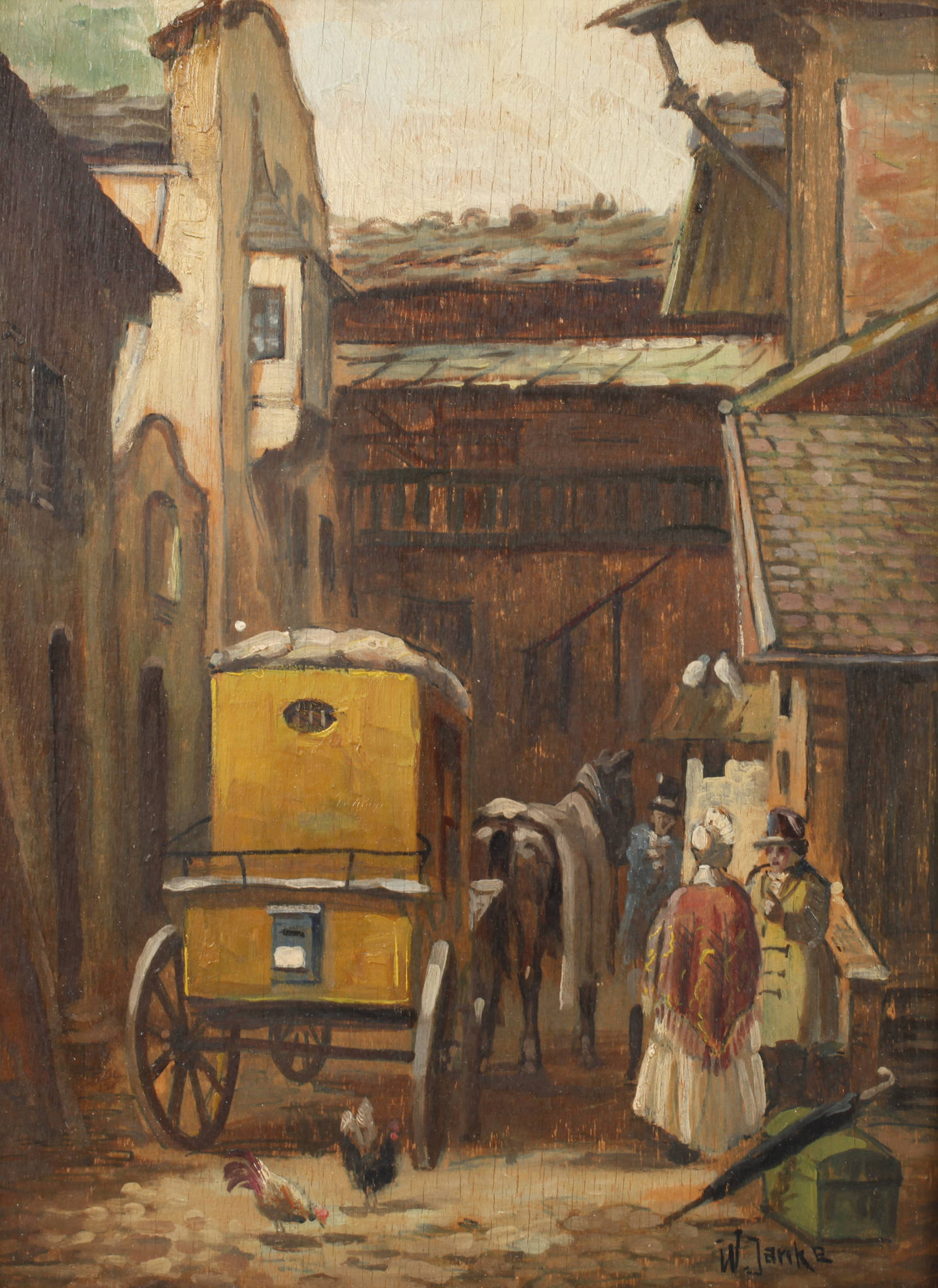 W. Janke, Postkutsche in enger Gasse