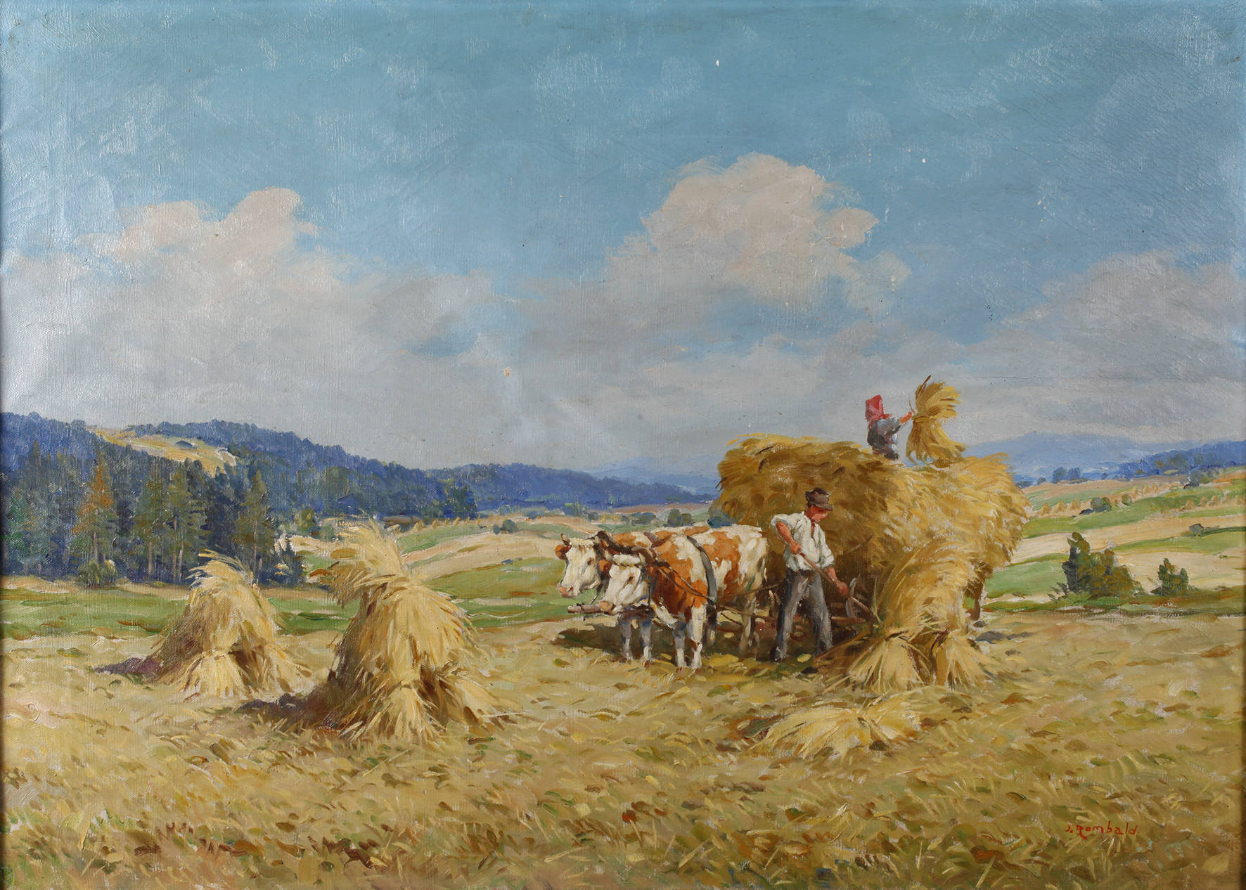 J. Rombald, Erntelandschaft mit Kuhgespann
