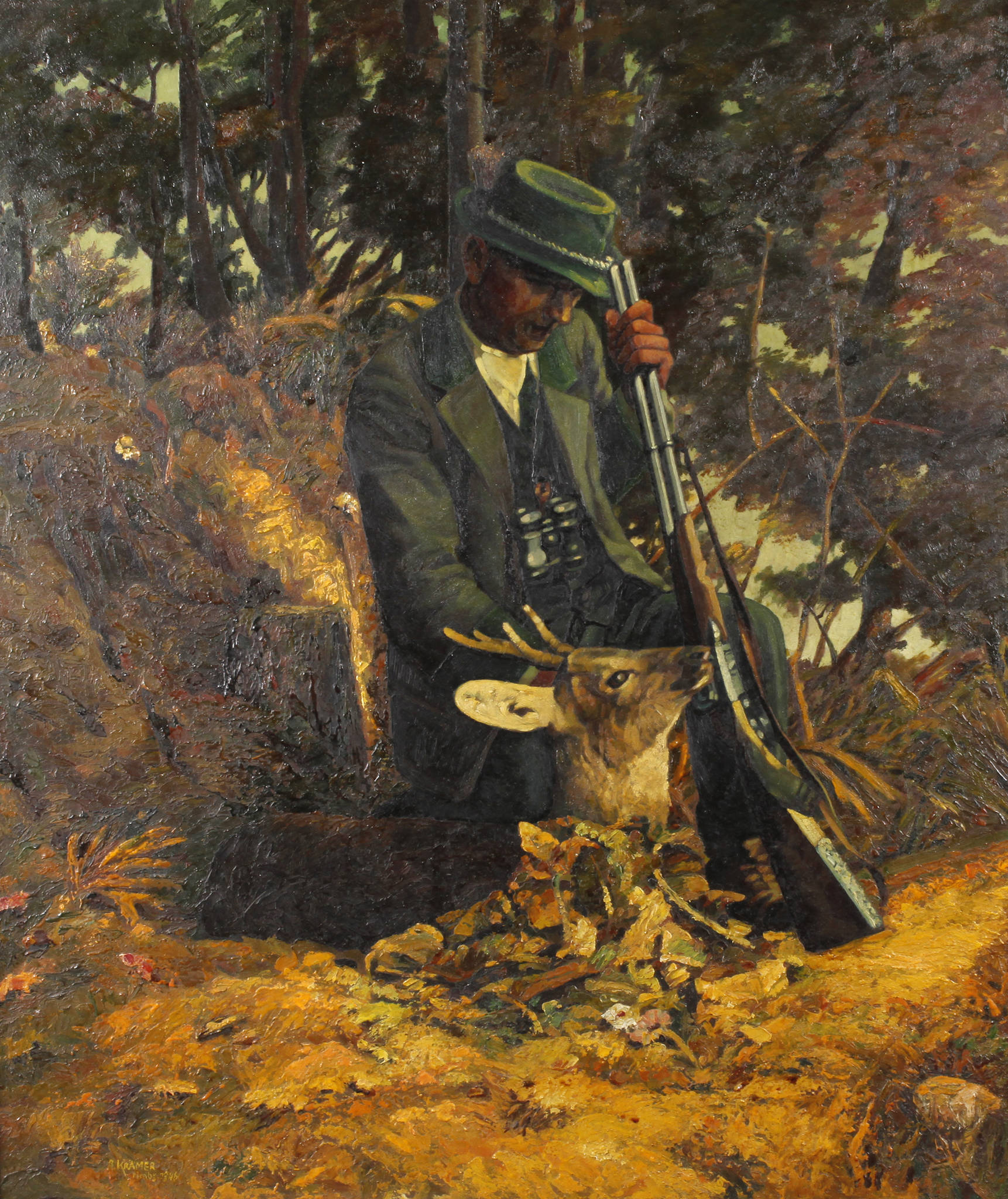 Rehbock und Jäger im Herbstwald