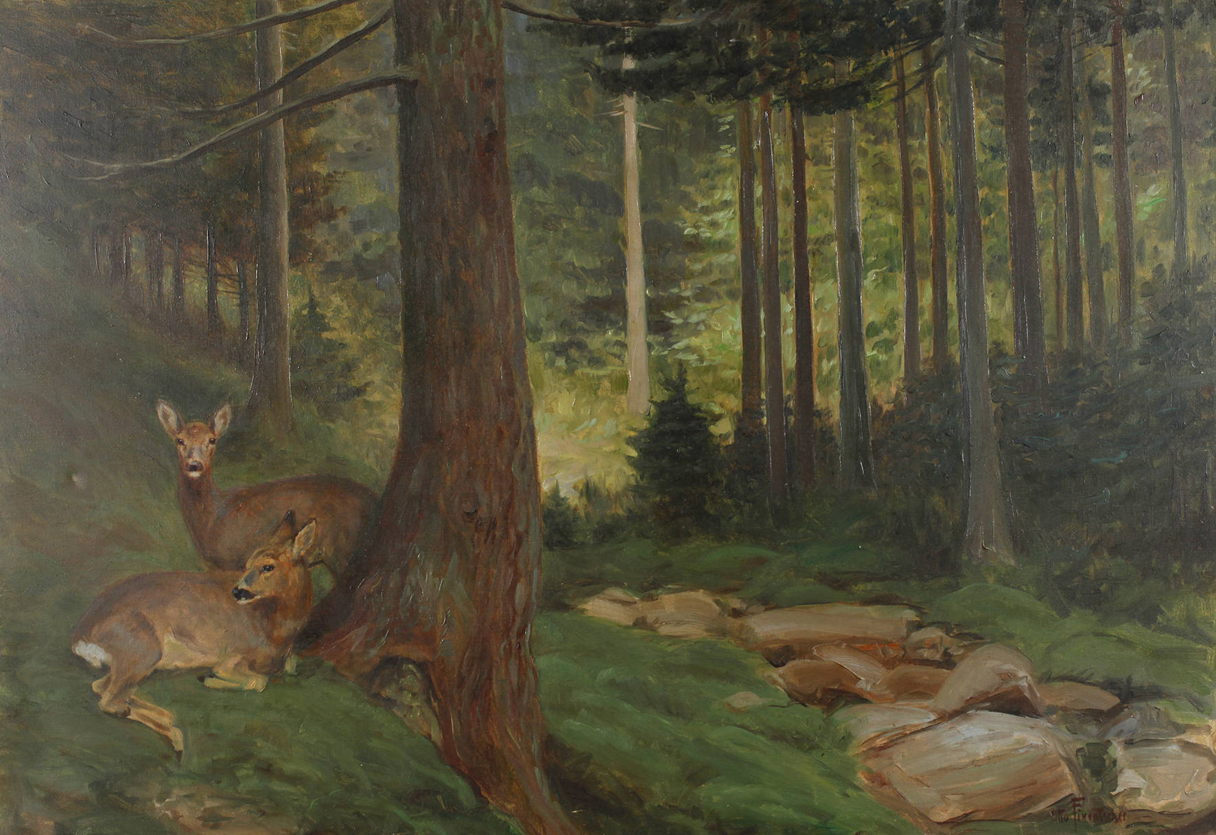 Otto Fikentscher, Rehpaar in Waldlandschaft