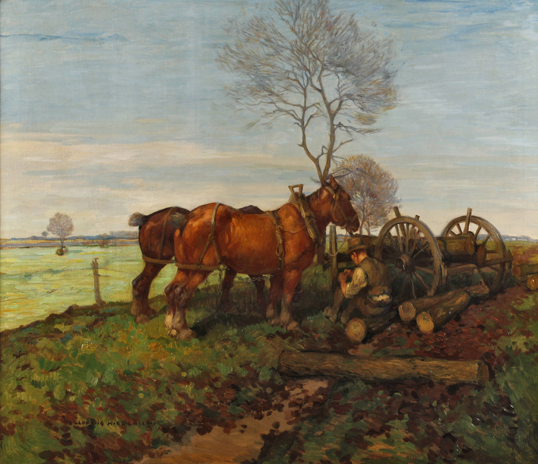 Ludwig Kiederich, Bauer mit Pferden in Märzlandschaft