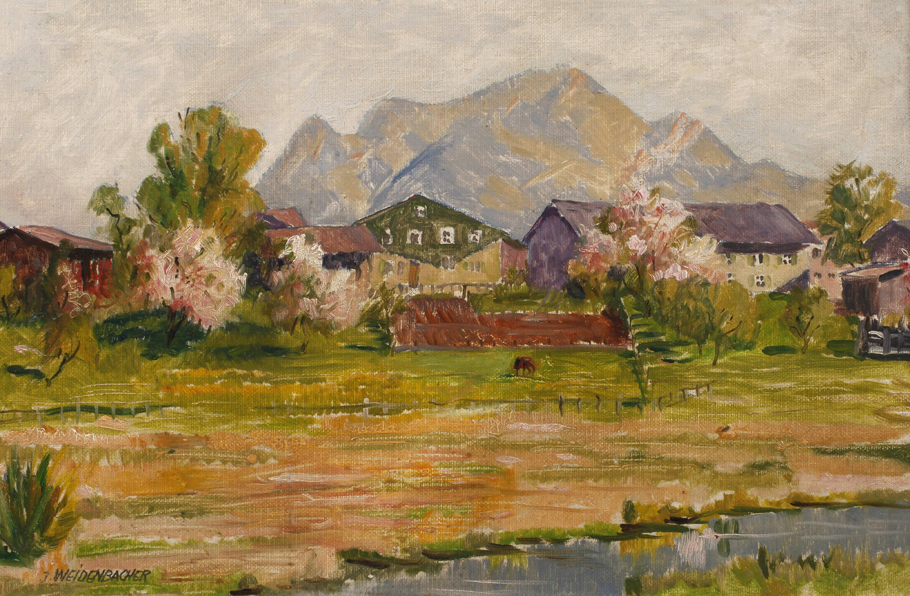 Josef Weidenbacher, Frühlingshaftes Dorf in Voralpenlandschaft