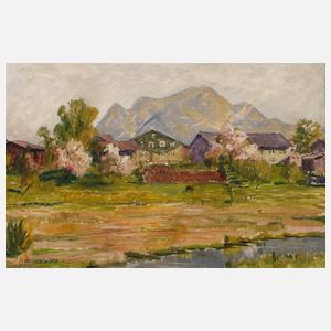 Josef Weidenbacher, Frühlingshaftes Dorf in Voralpenlandschaft