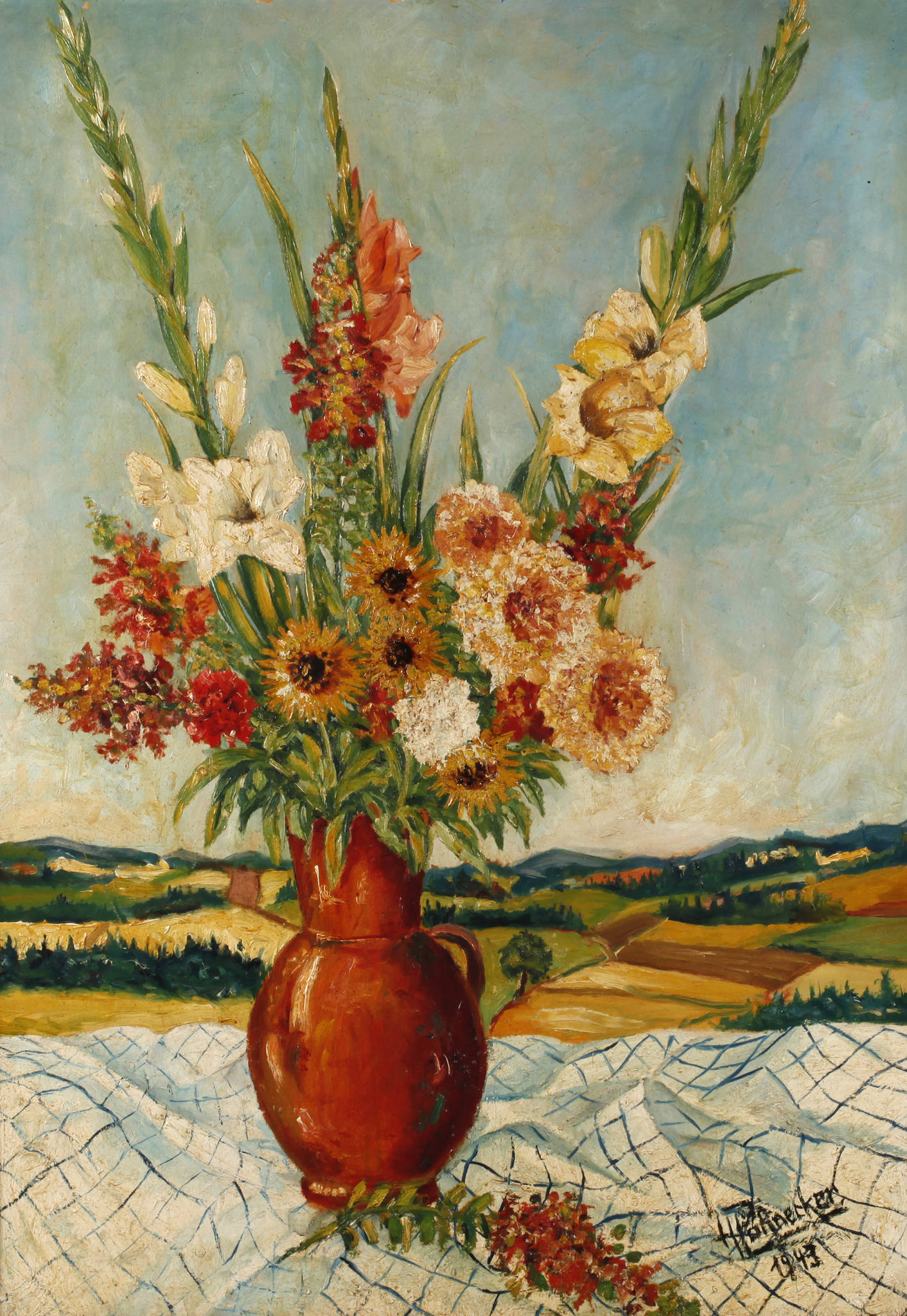 H. Pößnecker, Blumenstrauß vor Sommerlandschaft