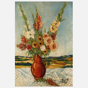H. Pößnecker, Blumenstrauß vor Sommerlandschaft