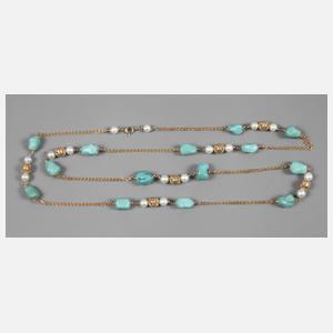 Goldkette mit Türkisen und Perlen