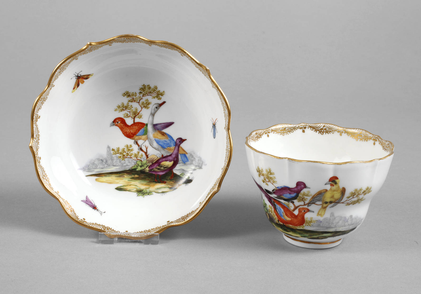 Meissen Tasse und Untertasse Vogelmalerei