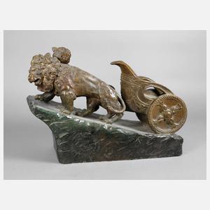 Große Tierplastik Löwenpaar mit Streitwagen