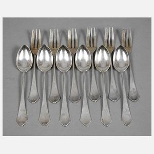 Sechs Kaffeelöffel und Kuchengabeln Art Déco