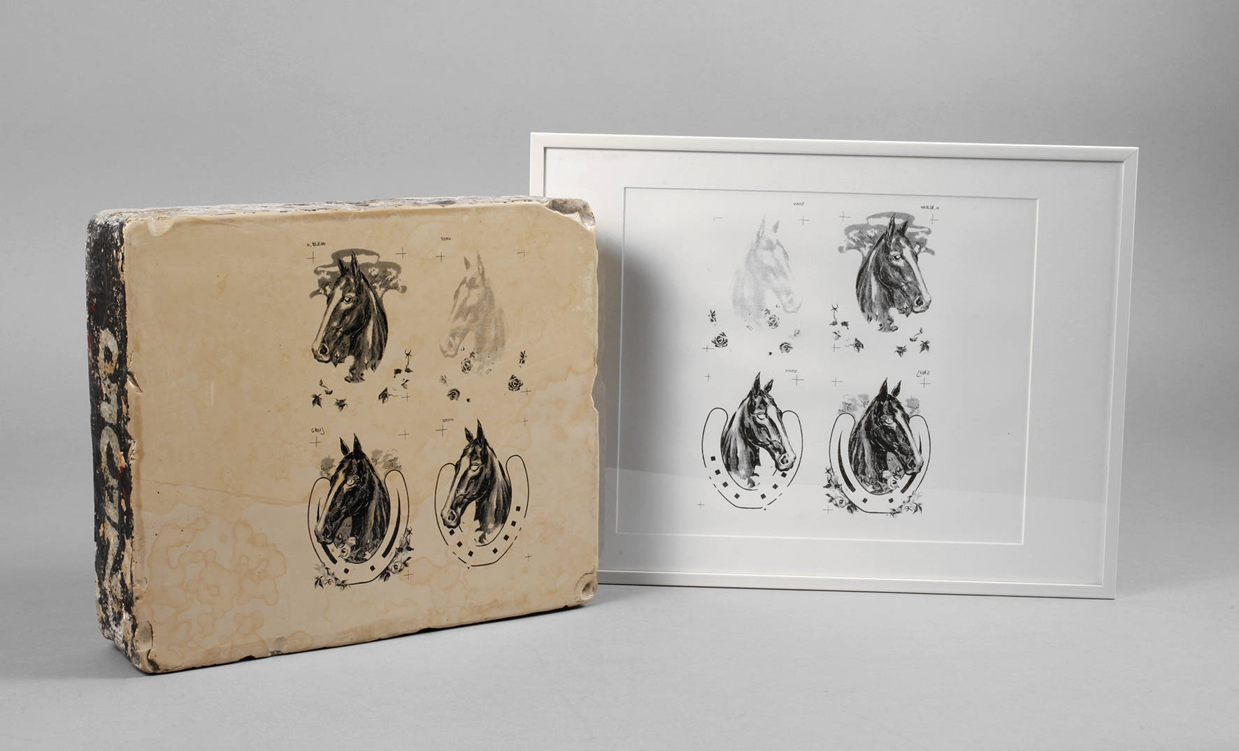 Solnhofer Litho-Stein mit gerahmten Abzug vom Stein