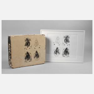 Solnhofer Litho-Stein mit gerahmten Abzug vom Stein