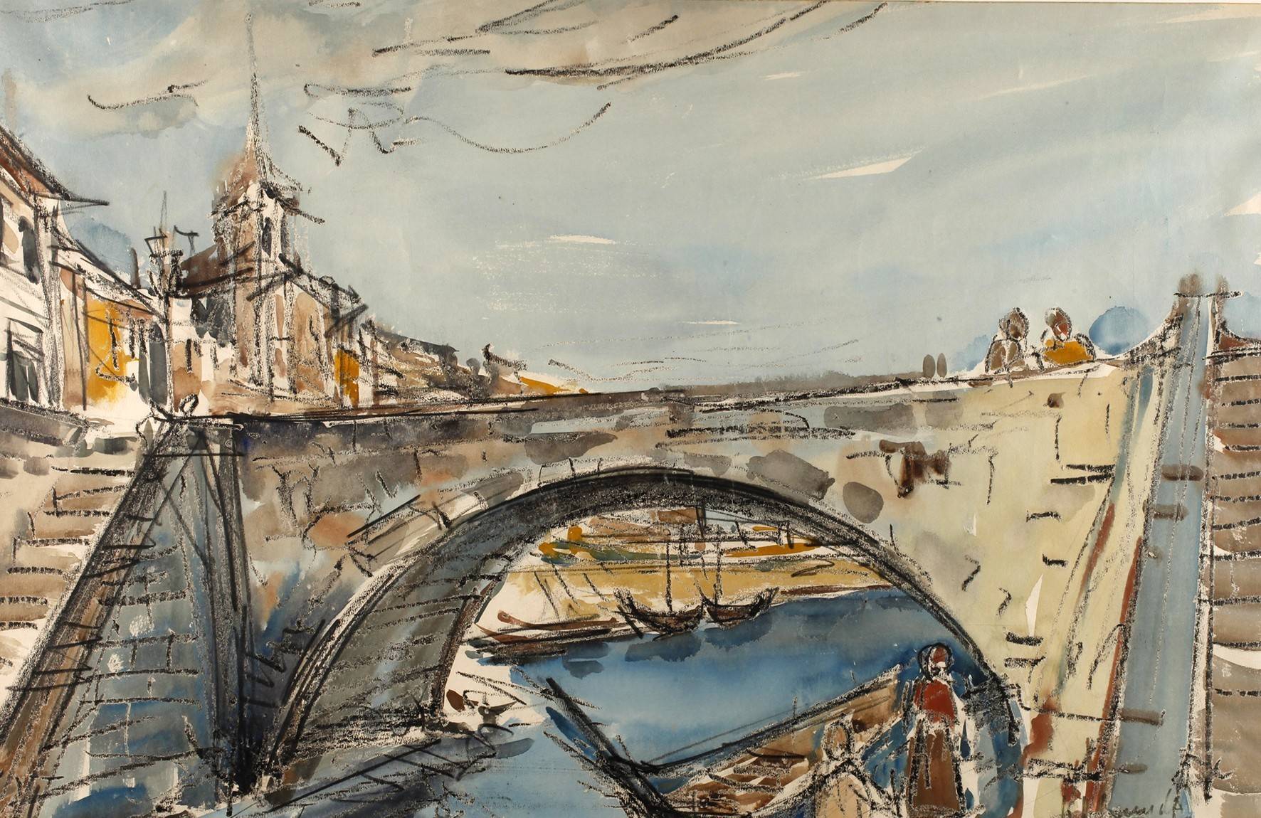 Sonnige Stadtansicht mit Brücke