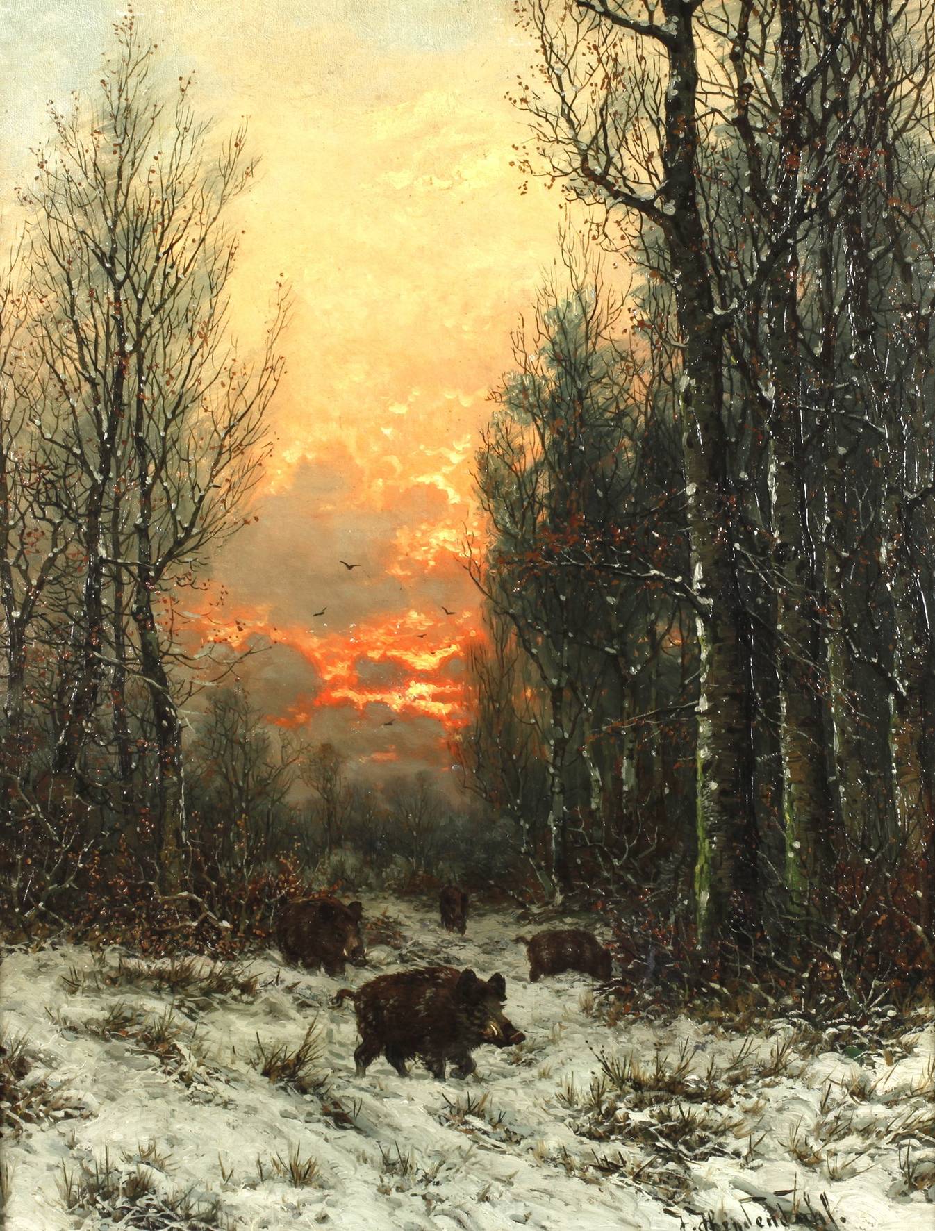 Joseph Heydendahl, Wildschweinrotte im Winterwald
