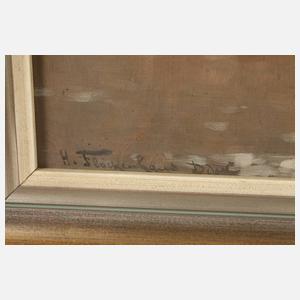 Heinz Flockenhaus, Fischerkate am verschneiten Seeufer