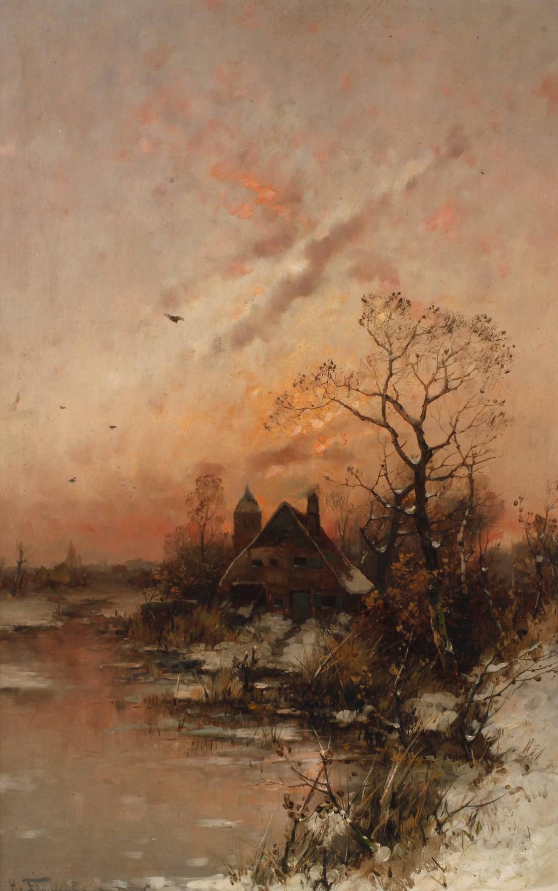 Heinz Flockenhaus, Fischerkate am verschneiten Seeufer