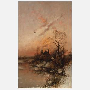 Heinz Flockenhaus, Fischerkate am verschneiten Seeufer