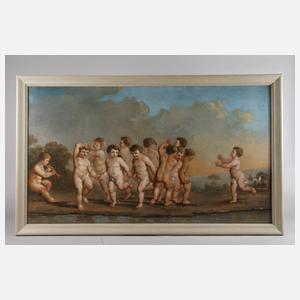 Tanzende Putti vor arkadischer Landschaft