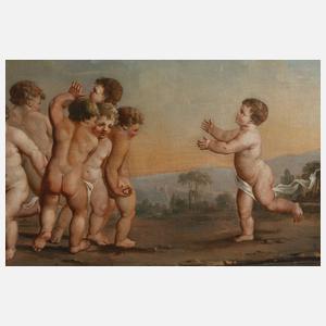Tanzende Putti vor arkadischer Landschaft