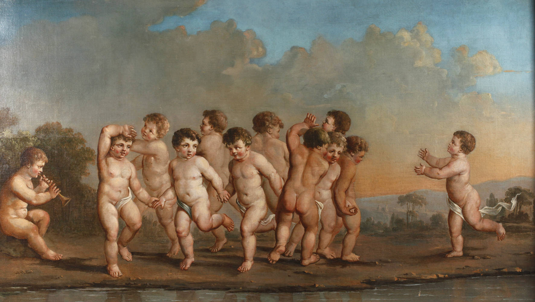 Tanzende Putti vor arkadischer Landschaft