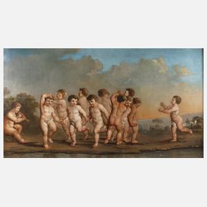 Tanzende Putti vor arkadischer Landschaft