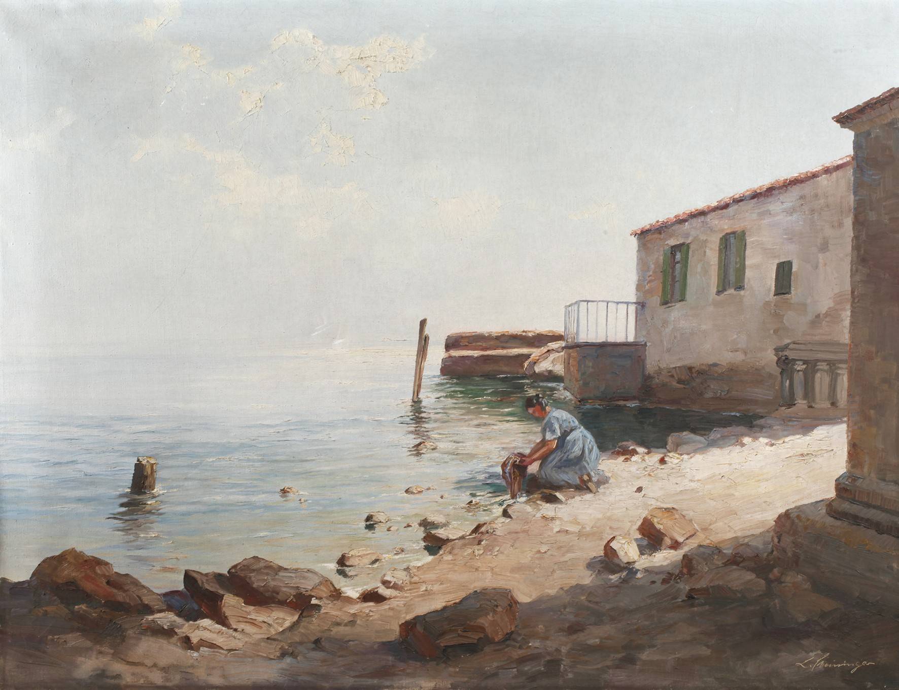 Ludwig Steininger, Mediterrane Küstenszene mit Wäscherin