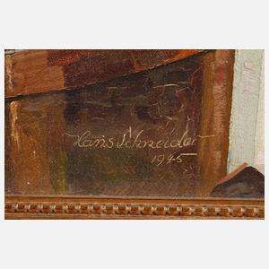 Hans Schneider, Stillleben mit Kaffeegedeck und Rittersporn