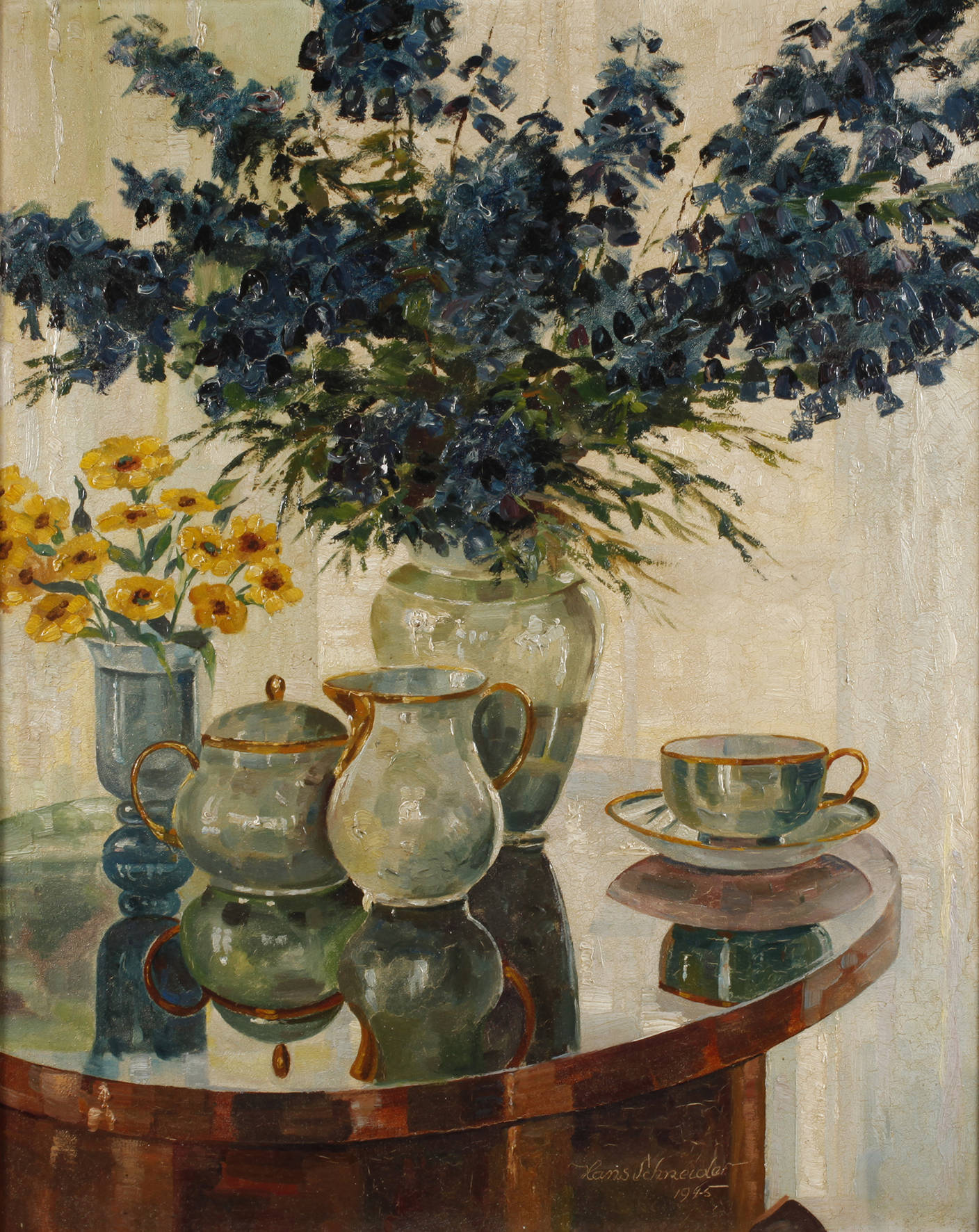 Hans Schneider, Stillleben mit Kaffeegedeck und Rittersporn