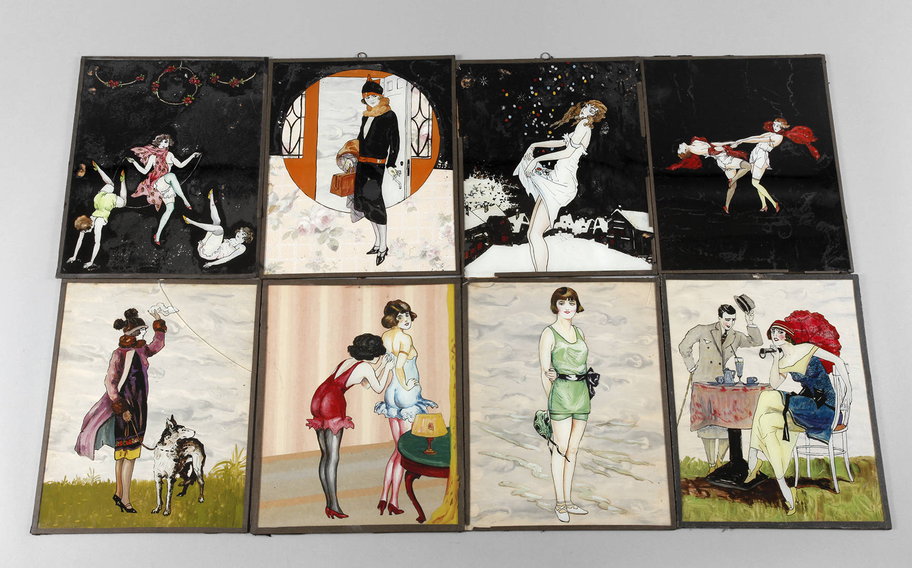 Acht Hinterglasmalereien Art déco