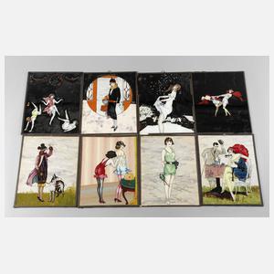 Acht Hinterglasmalereien Art déco