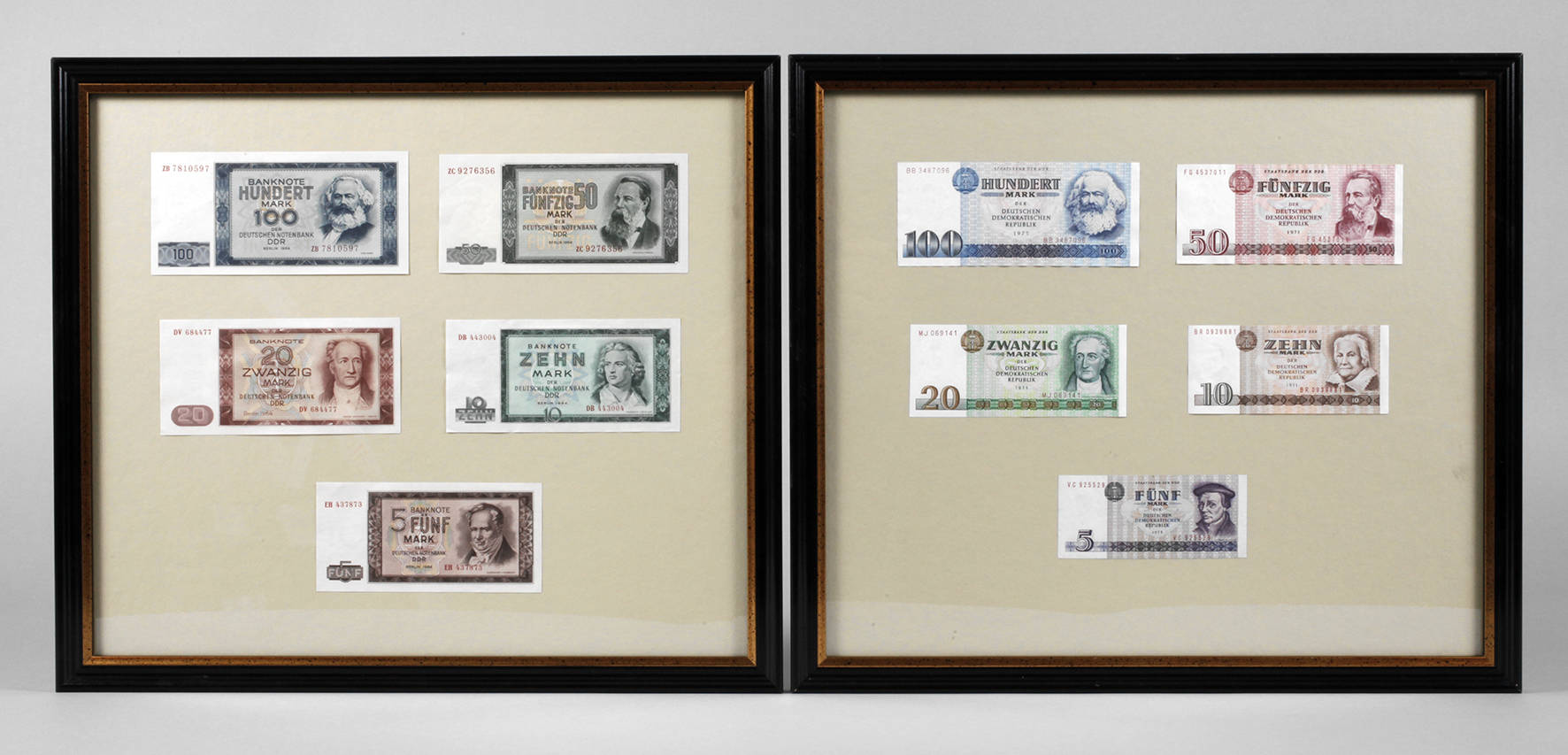 Zwei gerahmte Sätze Banknoten DDR