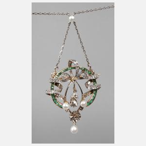 Platincollier mit Brillanten, Smaragden und Perlen