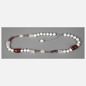 Zuchtperlenkette mit Karneol und Rosenquarz