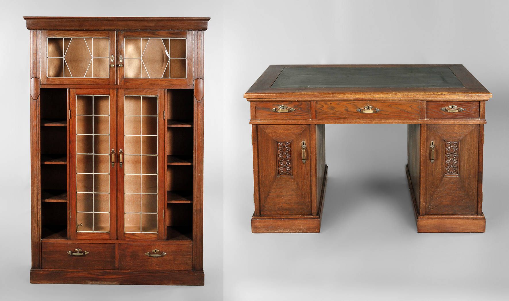 Jugendstil-Bücherschrank und -Schreibtisch