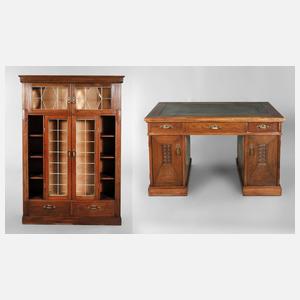 Jugendstil-Bücherschrank und -Schreibtisch