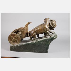 Große Tierplastik Löwenpaar mit Streitwagen