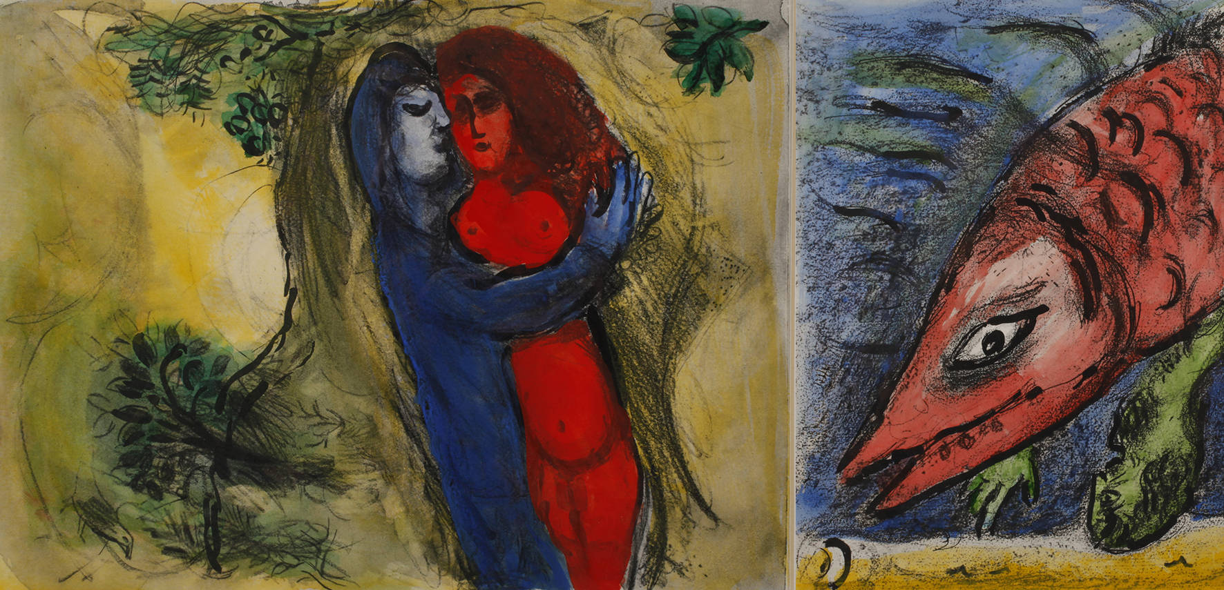 Nach Marc Chagall, zwei aquarellierte Drucke