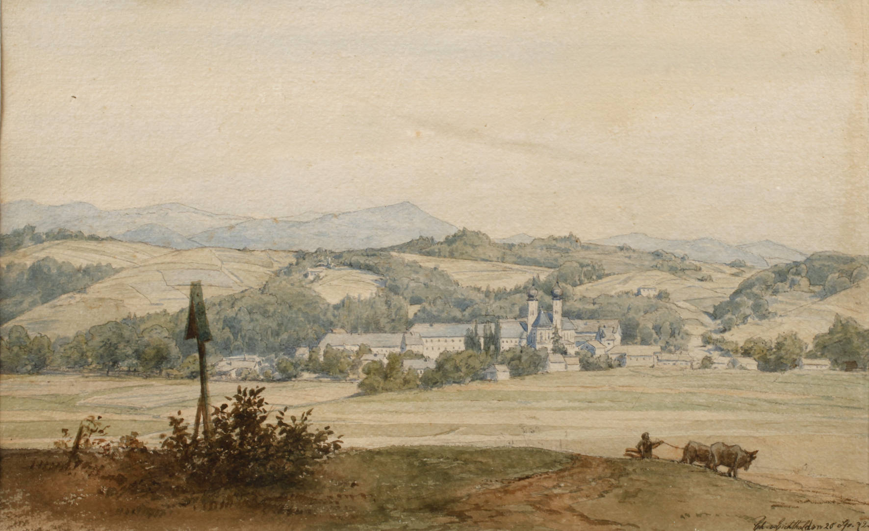 Bayerische Gebirgslandschaft mit Kloster