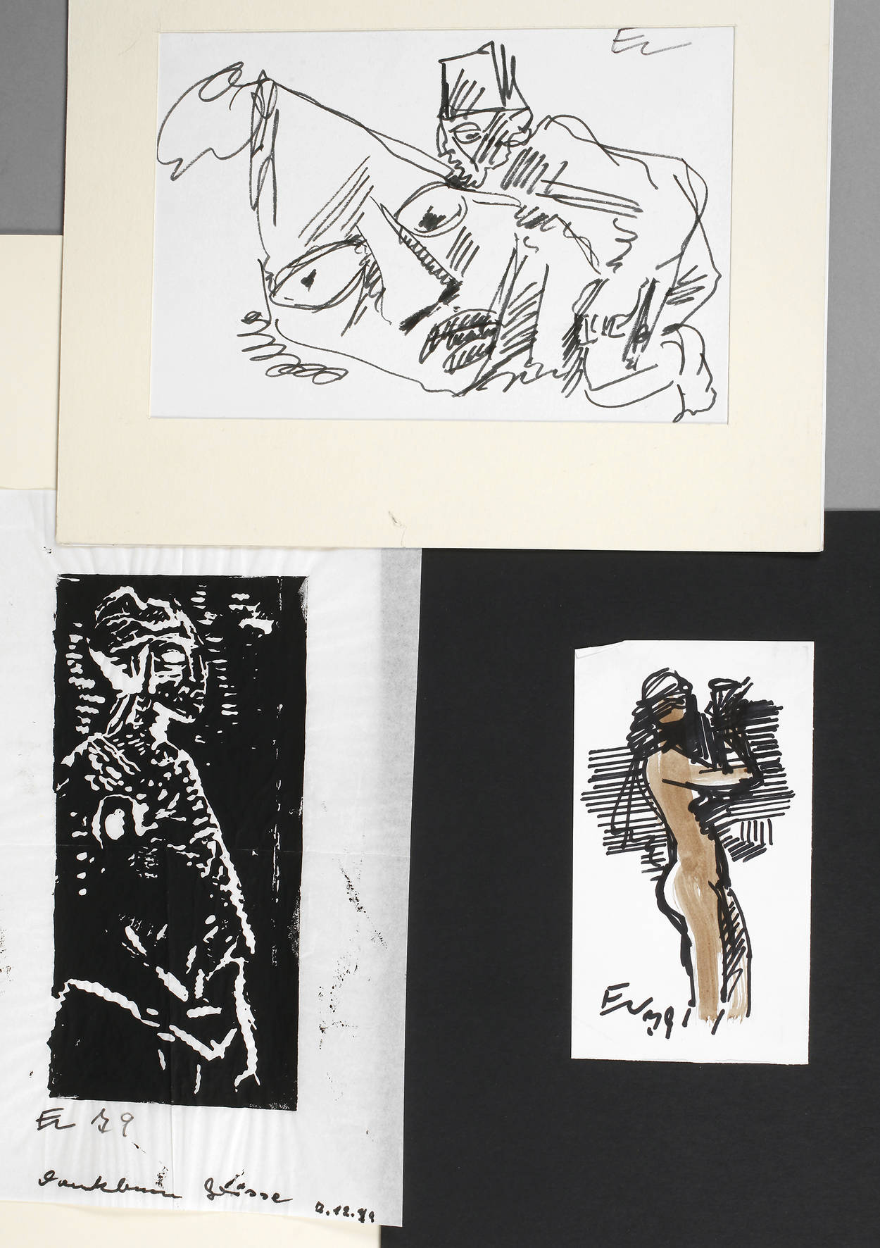 Prof. Eva Schwimmer, zwei Zeichnungen und ein Holzschnitt