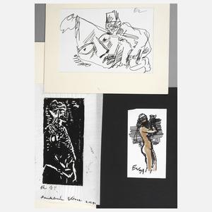 Prof. Eva Schwimmer, zwei Zeichnungen und ein Holzschnitt