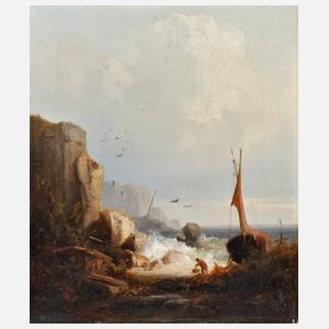Fischer mit Boot an der Steilküste