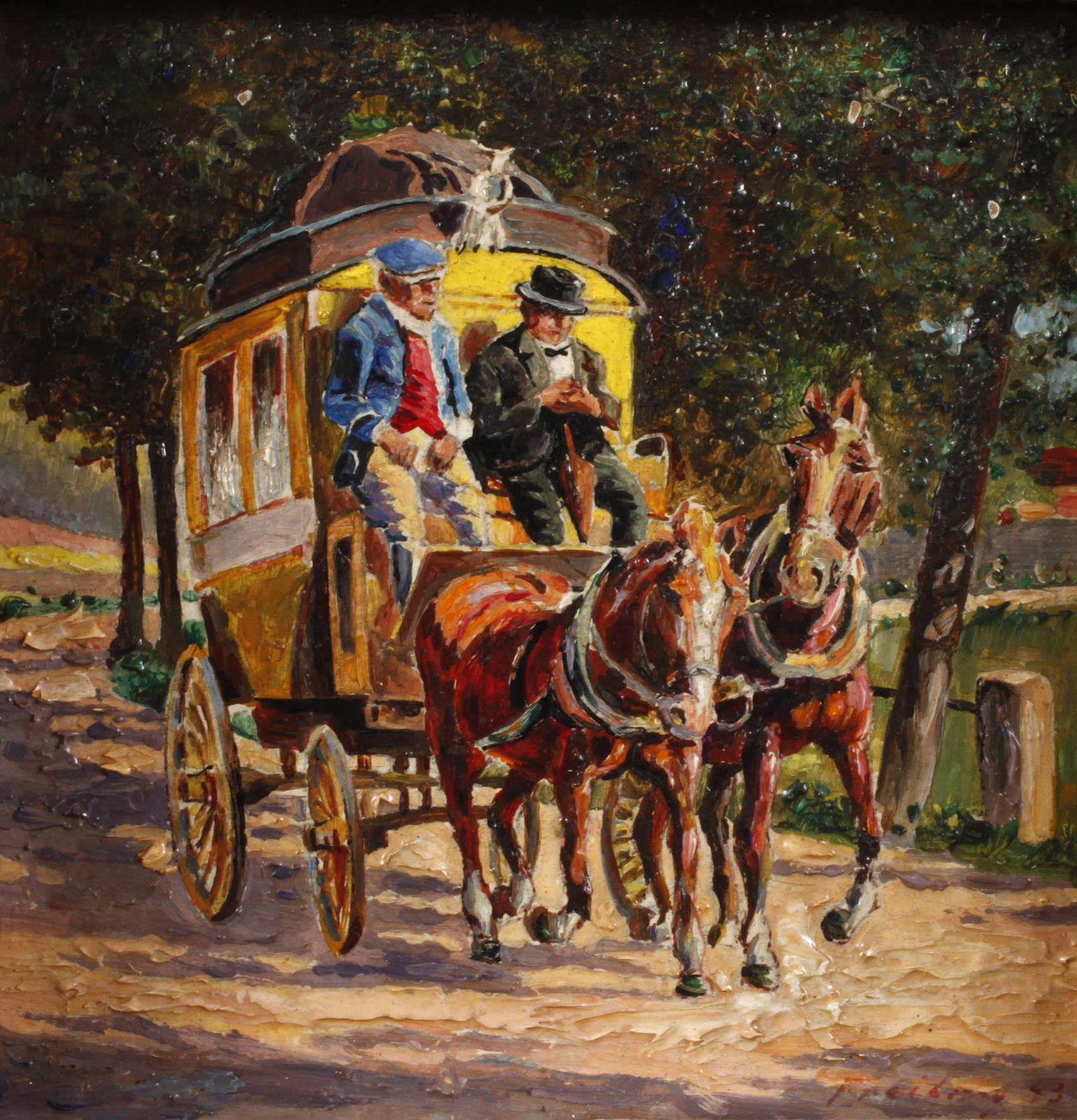 Postkutsche auf sonniger Landstraße