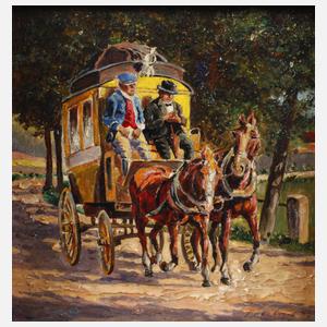 Postkutsche auf sonniger Landstraße