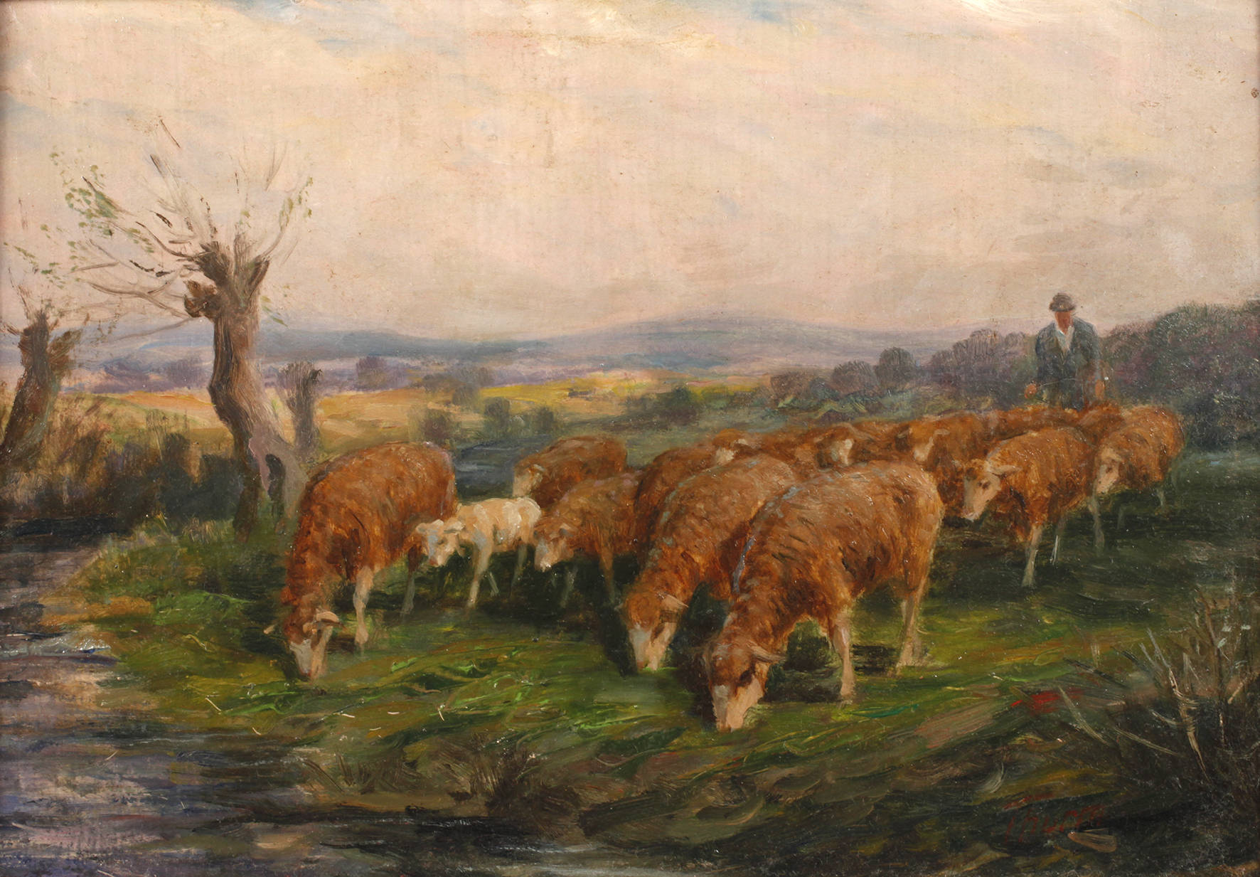 Willy Thurm, Hirte mit Schafen in Sommerlandschaft